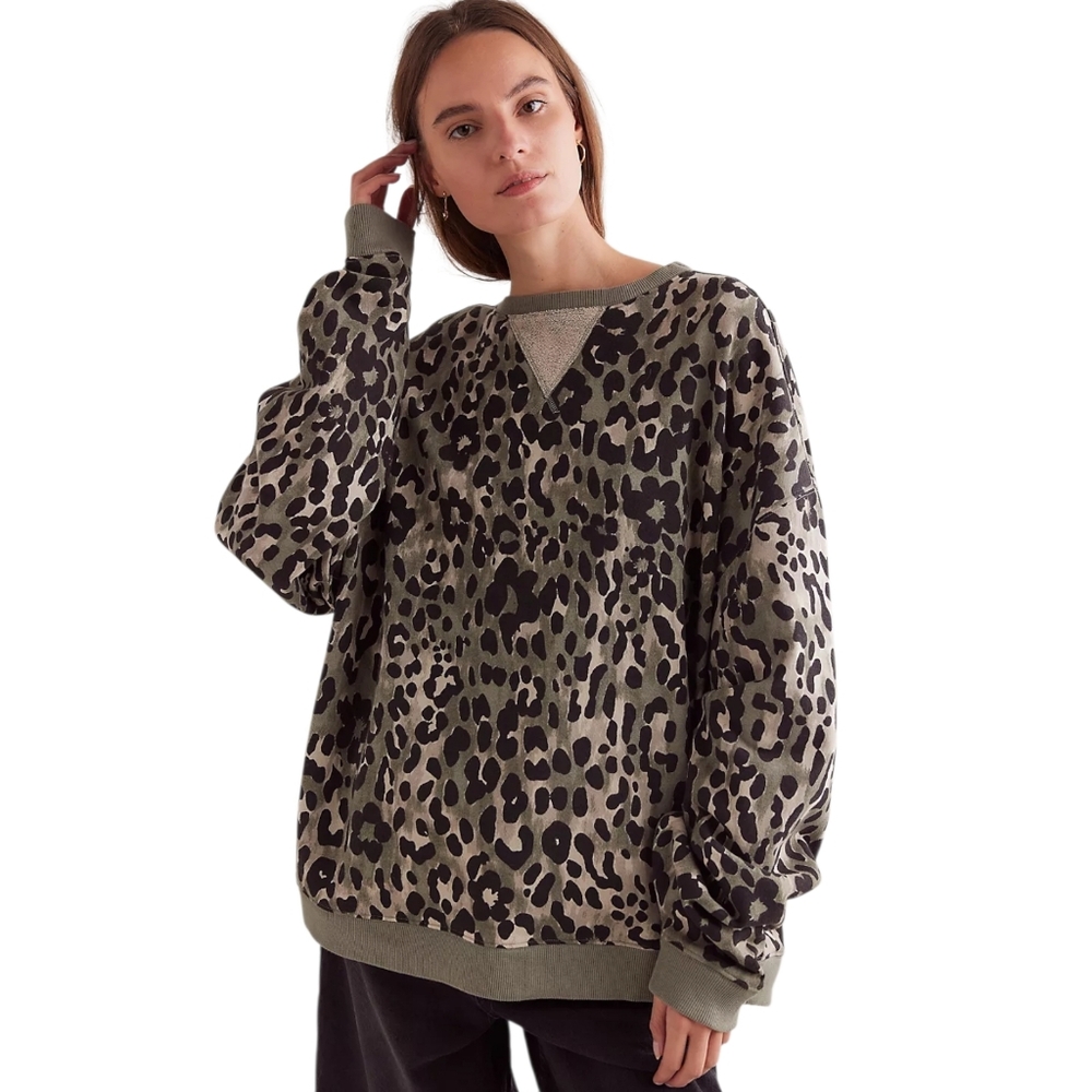 Free People We The Free Oversized Cheetah Floral Sweatshirt Relaxed XS NWOT